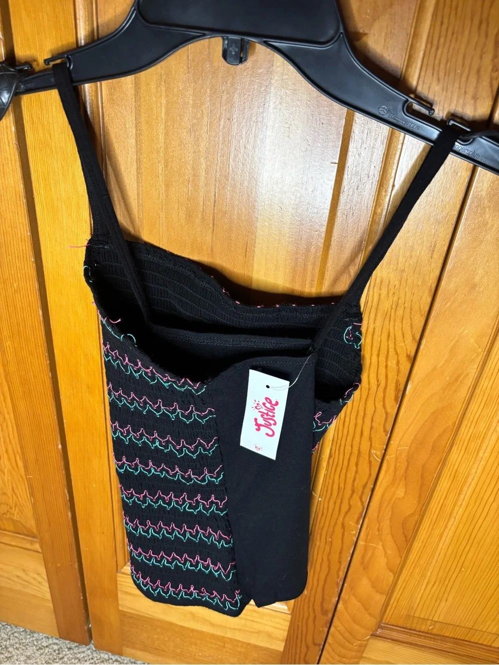 Justice Black Smocked Tank with Pink and Teal Zigzag Detail